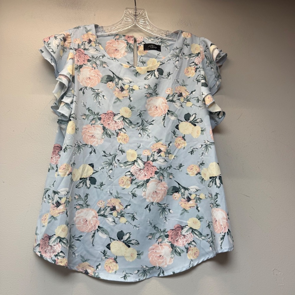 Milk & Honey Floral Flutter Sleeve Blouse Womens Large Blue Pink Excellent 52660